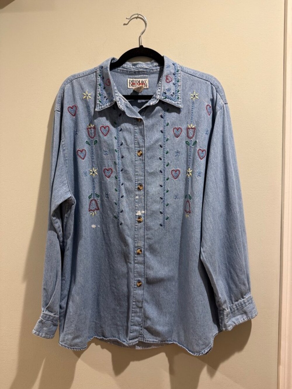 Vintage 90s Bill Blass Embroidered Hearts Denim Shirt XL (Fits 1X/2X)